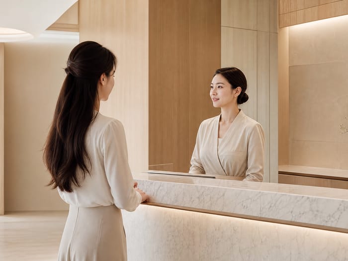 診所裡，兩位顧客並肩交談。
