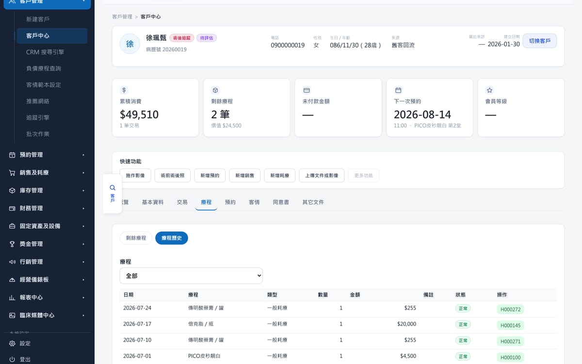 ClinicOS 客戶療程歷史：每一次施作的日期、療程、類型、數量、金額與狀態。