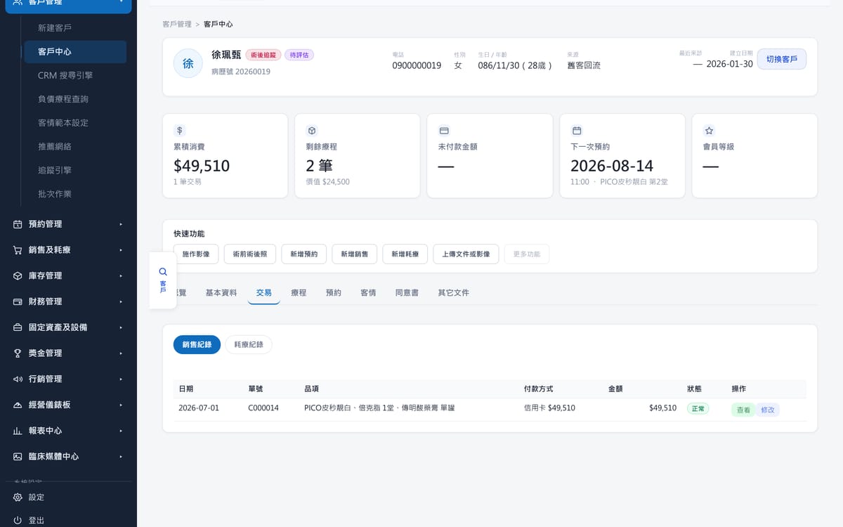ClinicOS 客戶交易分頁：該客戶的銷售紀錄，含日期、單號、品項、付款方式與金額。